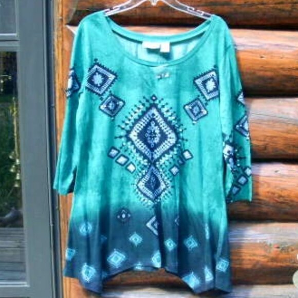 NWT Boho Geo Aztec Native Sequins Asymmetrical Tunic Size L - Picture 1 of 3